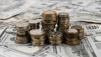 Stacks of golden coins on dollar bills on a table.