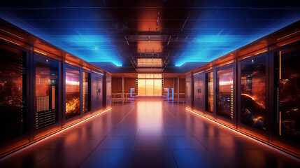 Fototapeta premium high-tech data center sleek workstations with nice led lighting - Generated AI