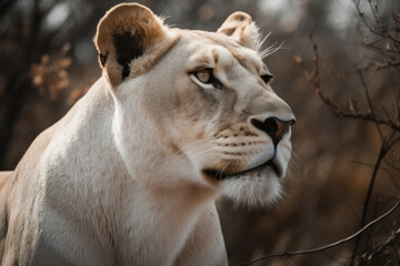 Obraz premium big white lionesses looking at the camera, beautiful background, savannah background, ai generated.