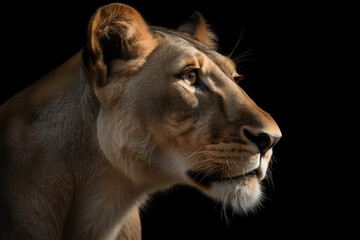 Obraz na płótnie Canvas lioness, black background, hyperrealistic photography, ai generated.
