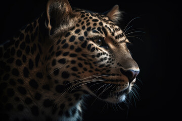 Naklejka na ściany i meble leopard, black background, hyperrealistic photography, ai generated.