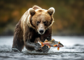 The big brown grizzly bear hunts salmon, with more or less success, but always lives well in the end. Generative AI.