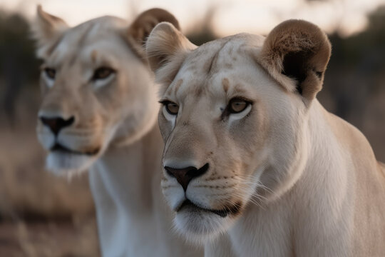 big white lionesses looking at the camera, beautiful background, savannah background, ai generated.