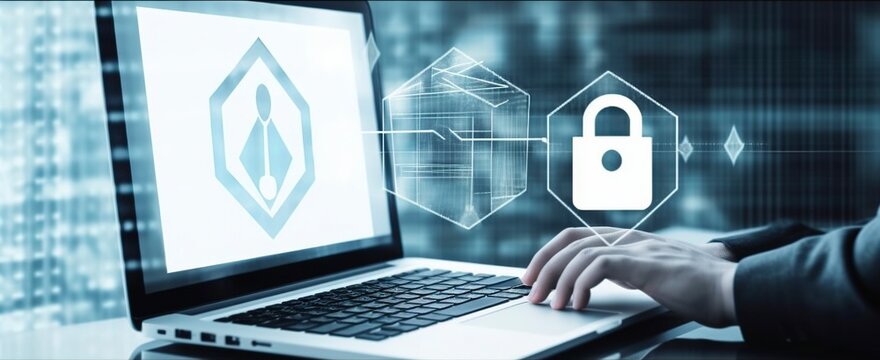 Cybersecurity, privacy, business confidentiality, data protection. Businessman using laptop with secure encryption technology, security Internet access, security encryption of user private data. 