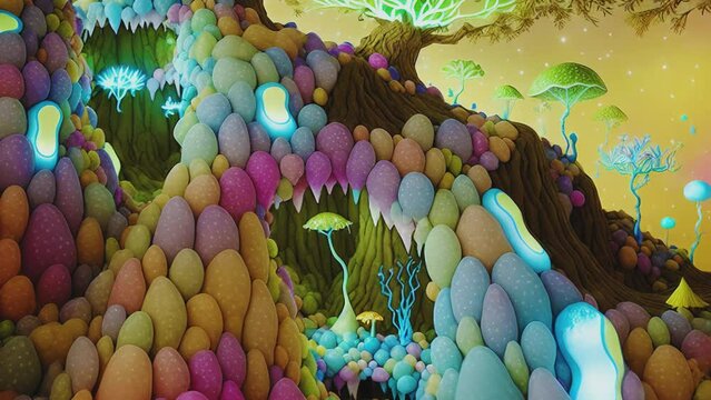 Generative ai animation of surreal magic forest with mushrooms. Digital image painted manipulation of a fairy tale landscape in cartoon style.