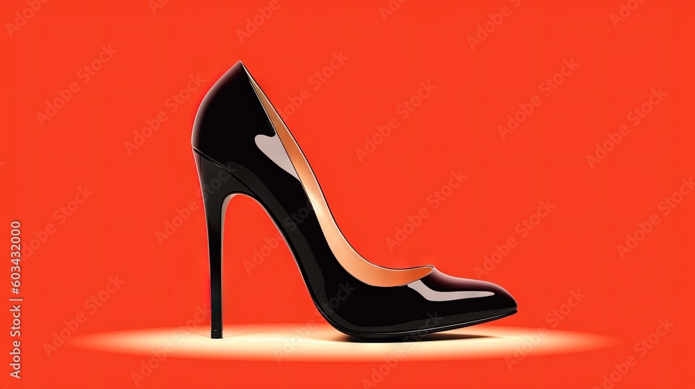 Poster a black high heeled shoe on a red background with a light shining through the bottom of the shoe and