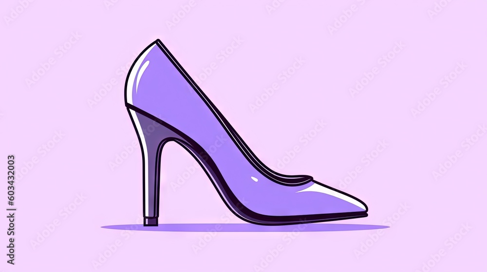 Poster a purple high heeled shoe with a pointed toe on a light pink background with a shadow on the bottom 