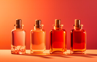 four small bottles on a pink background