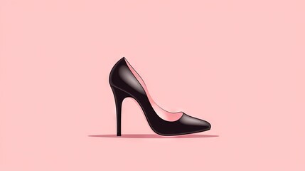  a black high heeled shoe with a pink heel on a light pink background with a shadow on the bottom of the shoe and the heel.  generative ai