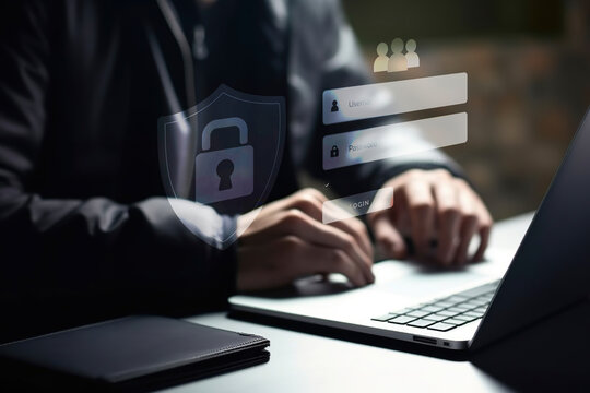 Cybersecurity, privacy, business confidentiality, data protection. Businessman using laptop with secure encryption technology, security Internet access, security encryption of user private data. 