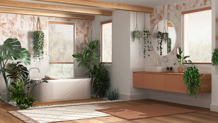 Fototapeta na wymiar Modern wooden bathroom in white and orange tones with bathtub and washbasin. Parquet and carpets. Biophilic concept, many houseplants. Urban jungle interior design