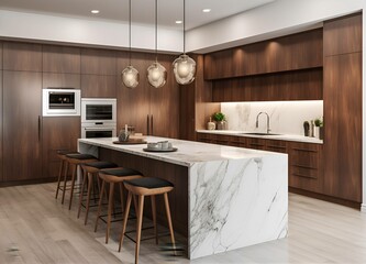 Luxury modern and vintage turquoise interior. Marble kitchen island with wooden chockers. Brown wooden table with metalic tray and metalic gold vase with white decorations.