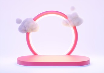 Clouds on a circle frame in the background with a pink tone podium scene. minimal product display background 3D product rendering in platform background 3D rendering