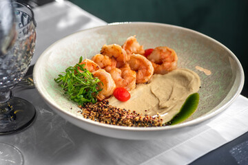 Chili shrimp with eggplant cream. Healthy diet food. copy space. Chilean traditional food