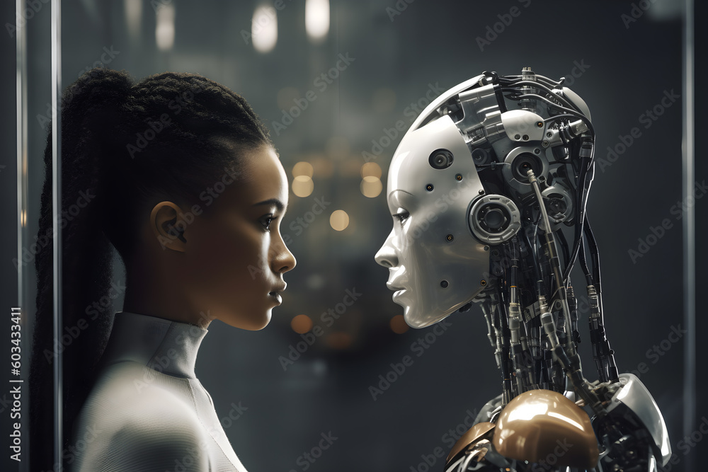 Poster a person looking at an artificial inteligence version of themselves. generative ai