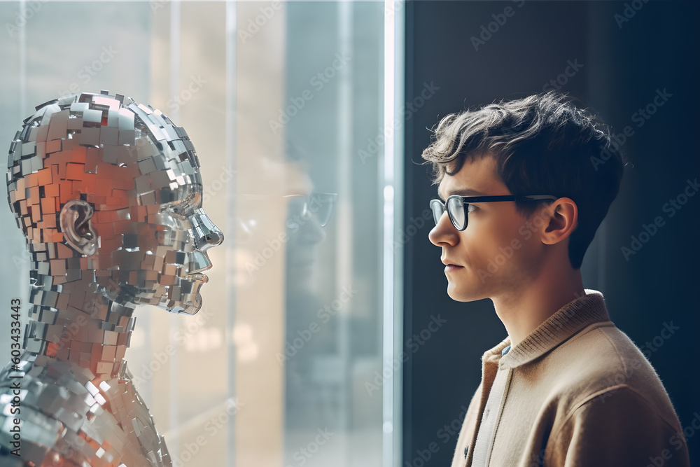 Poster a person looking at an artificial inteligence version of themselves. generative ai