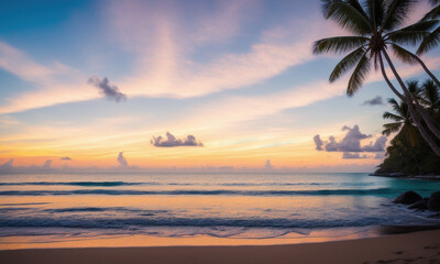 Tropical beach at sunset. Generative AI