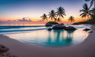 Fototapeta na wymiar Tropical beach at sunset. Generative AI