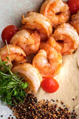 Chili shrimp with eggplant cream. Healthy diet food. copy space. Chilean traditional food