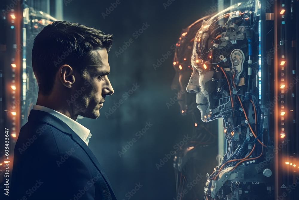 Poster a person looking at an artificial inteligence version of themselves. generative ai