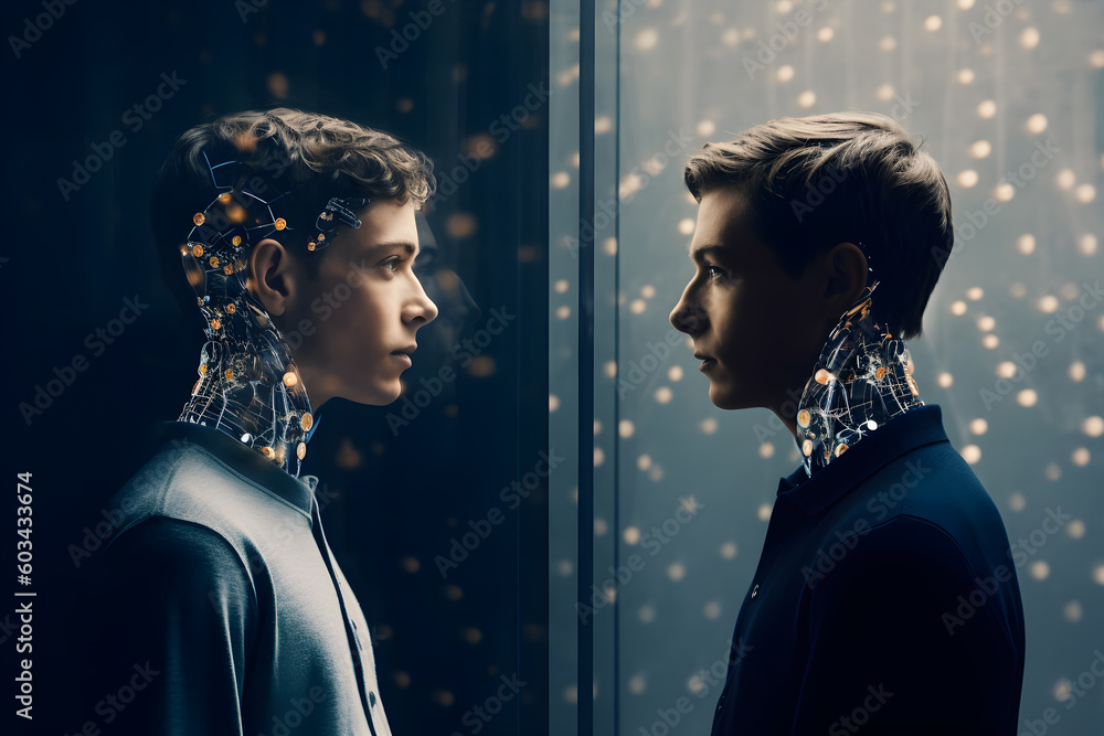 Poster a person looking at an artificial inteligence version of themselves. generative ai