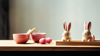 candy, kawaii bunnies and a wooden board at the table