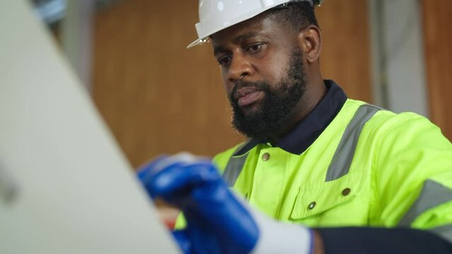 Male engineer meticulously inspected the complex workings of the machine, intent on solving the issue himself.