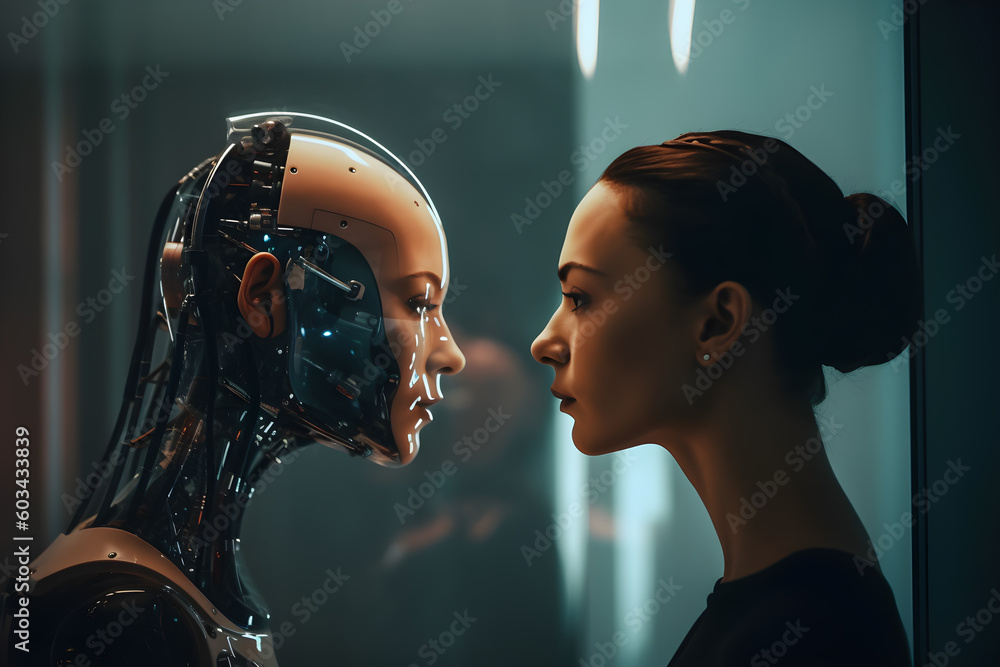 Poster a person looking at an artificial inteligence version of themselves. generative ai