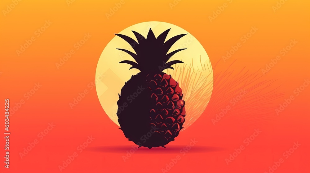 Poster a pineapple sitting in front of a full moon on a red and orange background with a spiky tail of gras