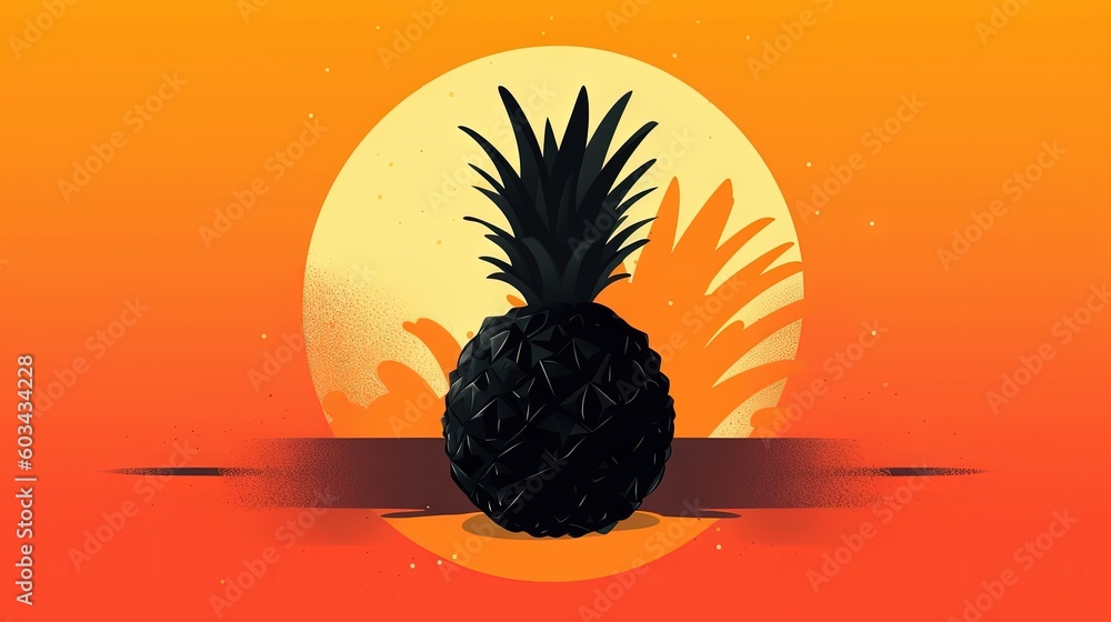 Poster a pineapple sitting on top of a table in front of a sun with a background of oranges and yellows and