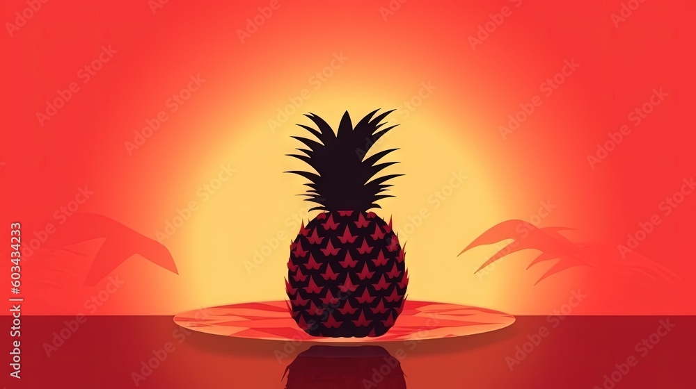 Poster  a pineapple sitting on a plate on a table with a sunset in the backgroung of the picture behind it and a red background.  generative ai