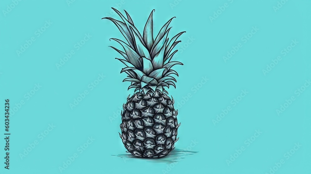 Poster  a drawing of a pineapple on a blue background with a black outline of a pineapple on the bottom of the image and a black outline of the pineapple on the bottom of the image.  generative ai