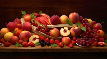 An artistic arrangement of sliced fruits, with meticulous attention to detail and composition, capturing the natural beauty and juiciness of fruits like ripe peaches, juicy pears. Generative AI