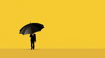  a man holding an umbrella in the middle of a yellow room with a yellow wall in the background and a yellow wall in the background.  generative ai