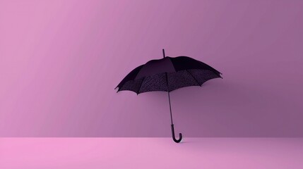 a purple umbrella with a black handle on a pink background with a shadow of a person holding an umbrella in the air with a purple background.  generative ai