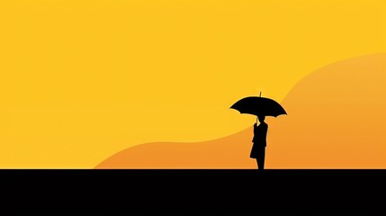  a person standing under an umbrella in the sunset with a yellow sky behind them and a person holding an umbrella in the foreground with the sun behind them.  generative ai