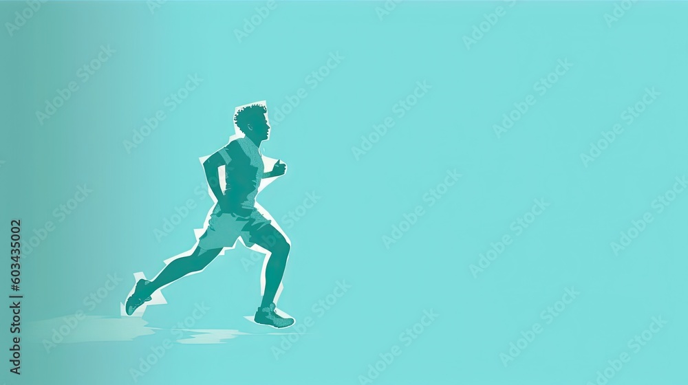 Poster a man running on a blue background with a shadow of a man running on the ground with a blue sky behi