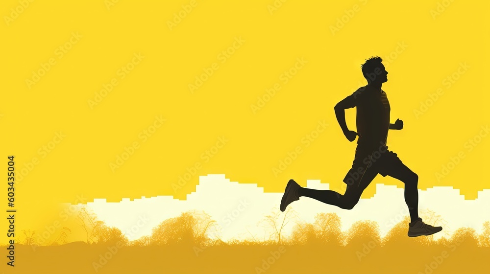 Poster a silhouette of a man running in a field with a city skyline in the background in the background is 