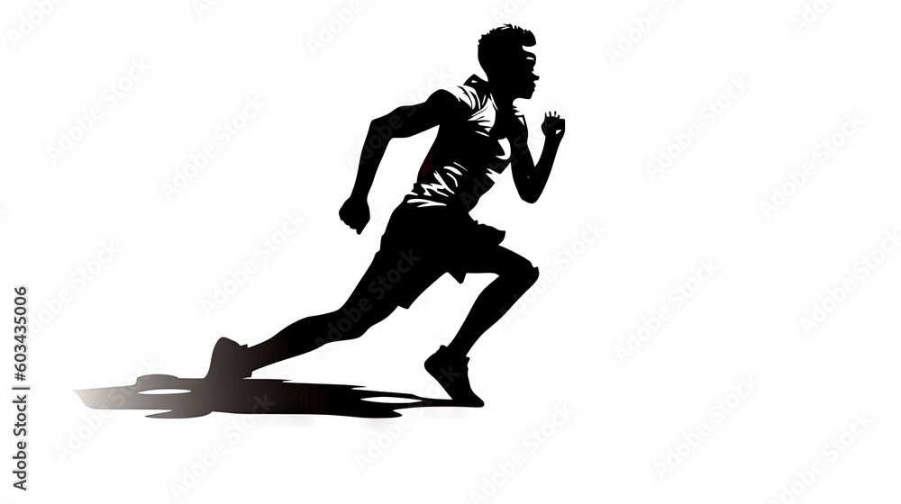Poster a silhouette of a man running on a white background with a shadow of a man running on the ground and