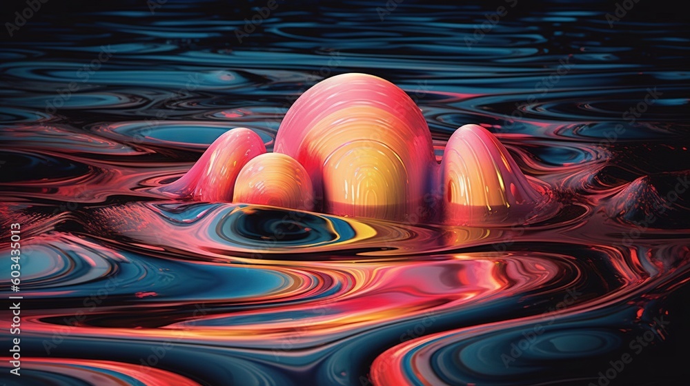 Poster a group of rocks floating on top of a body of water with a colorful swirl pattern on the surface of 