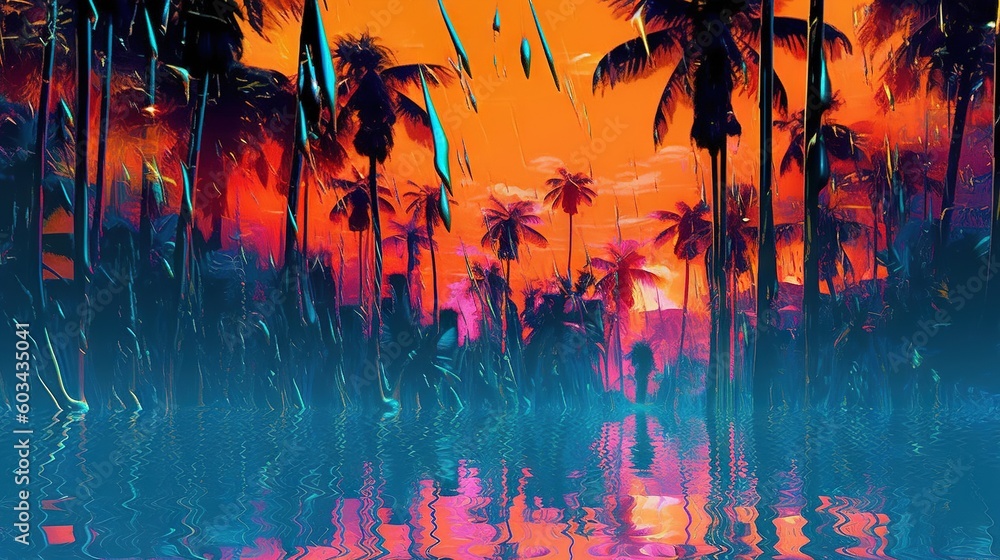 Poster  a painting of palm trees in a tropical setting with the sun setting in the background and reflecting in the water at the bottom of the painting.  generative ai
