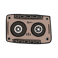 Music audio cassette doodle illustration. Cassette for tape recorder, player. Retro cassette for stereo music. Cartoon style, drawn he hand vector.