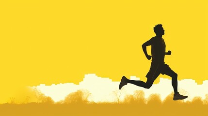Fototapeta na wymiar a silhouette of a man running in a field with a city skyline in the background in the background is a yellow sky and a yellow sky. generative ai