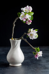 There is a branch with an apple blossom in a white vase on the table. On a black background.