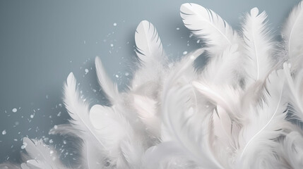 Obraz premium White feathers falling on a solid background of pastel shades. Image generated by AI.
