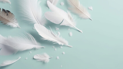 White feathers falling on a solid background of pastel shades. Image generated by AI.