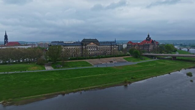 Drone shot of Saxon State Ministry of Culture (SMK) is a supreme state authority of the Free State of Saxony based in the state capital Dresden . The ministry is located in the west wing of the buildi