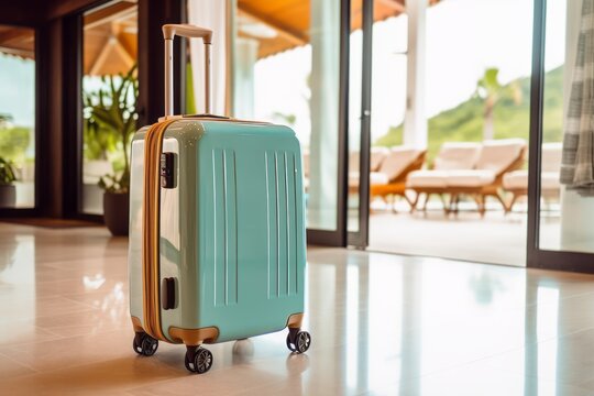 Packed suitcase on background of hotel living room. Travel, summer holidays and vacation concept. Generative Ai