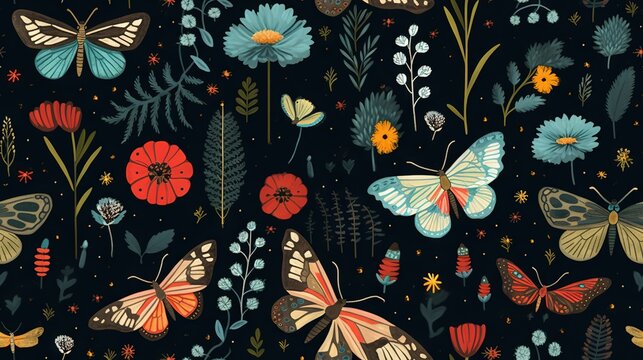  a bunch of butterflies that are on a black background with flowers and plants in the middle of the picture and a few other butterflies in the middle of the picture.  generative ai