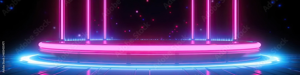 Aufkleber banner of neon glowing product display background with copyspace generative ai